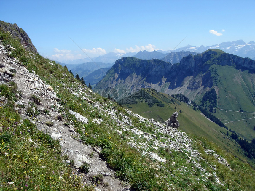 夏季前瑞士阿尔卑斯山悬崖风景阳光顶峰晴天爬坡旅行天空森林季节图片