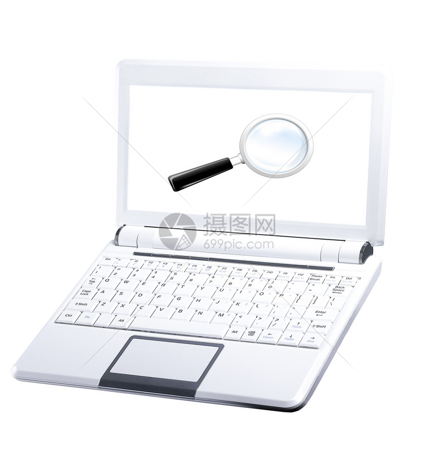 有空白白屏和放大镜的笔记本电脑图片
