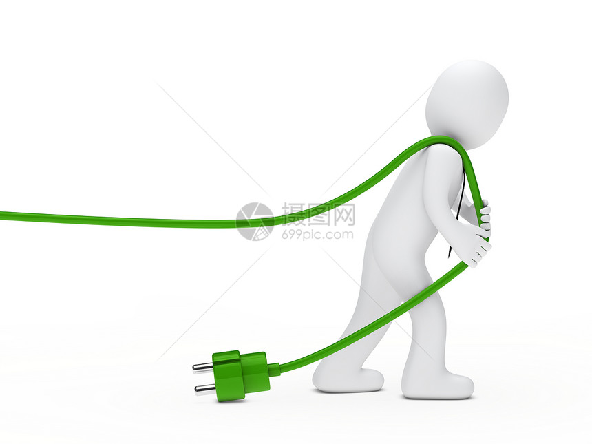 男人画一根电缆连接器领带白色电气绿色插头力量插图数字电压图片