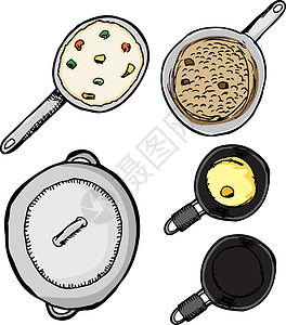 锅和锅火焰炊具食物阳光平底锅卡通片手绘厨具烹饪不锈钢背景图片