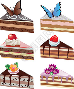 巧克力奶油卷含有水果 巧克力 蝴蝶和卷流的矢量蛋糕切片插画
