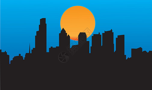 丰菲拉菲拉德尔菲亚天际建筑蓝色月亮天空城市山脉首都建造日落景观插画