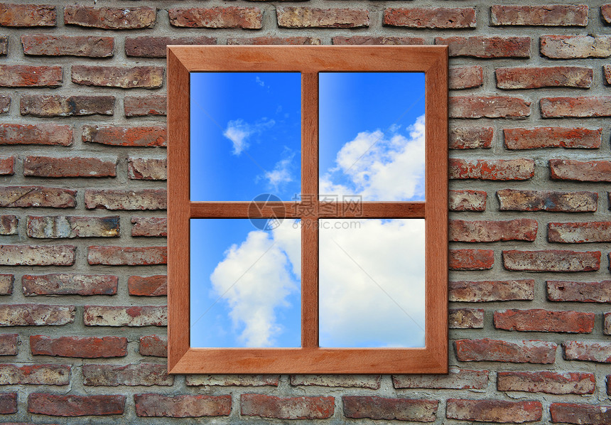 墙上有窗子看着天空的砖壁图片