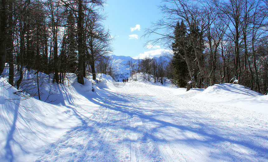 日落日滑雪季节天空蓝色木头旅行假期降雪场景全景图片