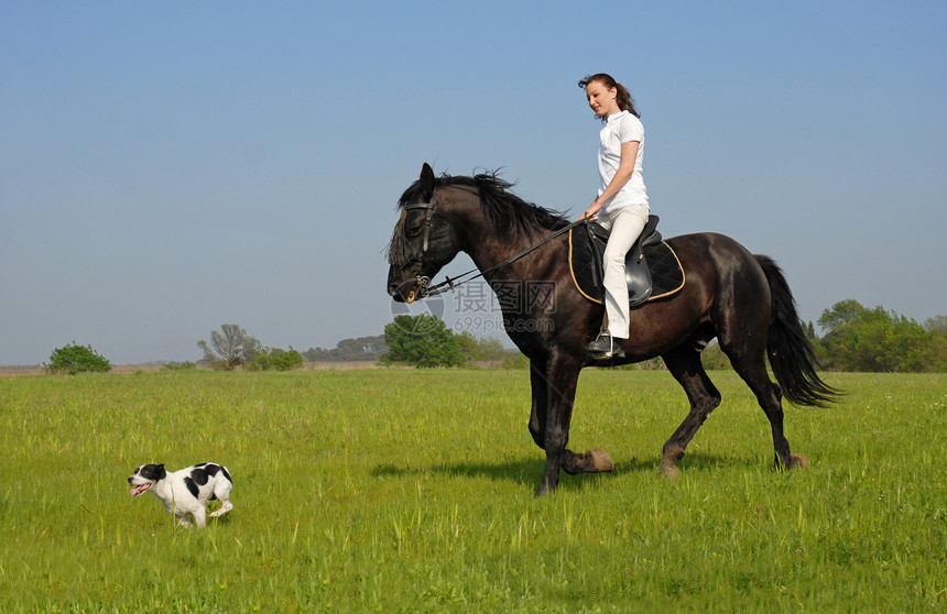 女孩和她的狗骑马马术动物场地犬类幸福运动天空黑色蓝色图片