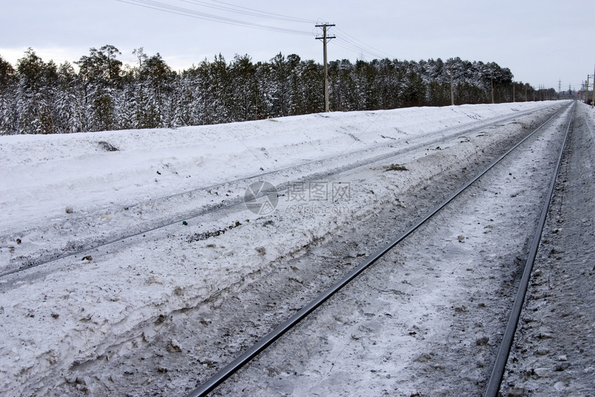 在雪冬森林周围的铁路上图片