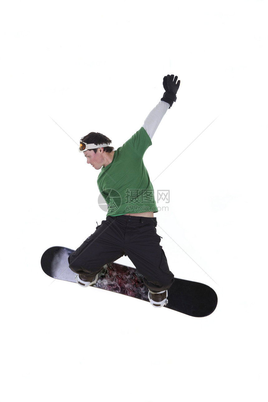 白上孤立的滑雪车跳跃滑雪者单板骑士白色面具运动男生男人手套图片