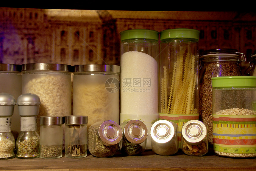 谷类和香料精密储存文化农业化合物饮食扁豆玻璃棕色盒子谷物生活图片