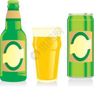 啤酒女郎孤立的金发啤酒瓶 玻璃和装有标签的罐头插画