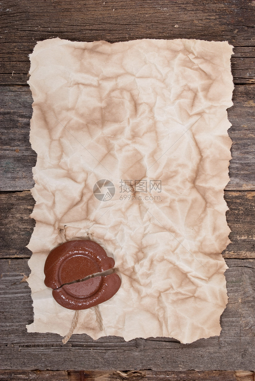木质纸上有蜡印的旧纸边界绳索手稿历史性笔记木头空白古董滚动棕色图片