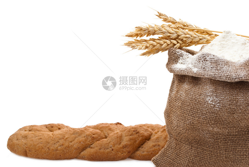 整面面粉 有小麦耳朵和面包图片