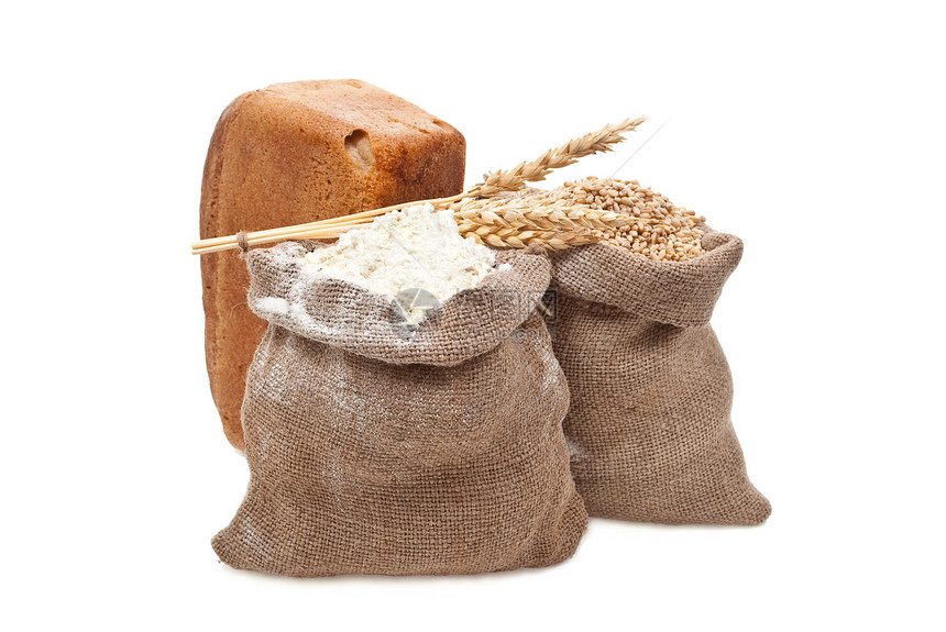 面粉和带面包的小麦谷物木板种子收成食物解雇玉米燕麦季节麻布黄麻图片