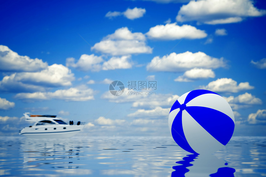 水中的孩子球 在船和云的背面图片