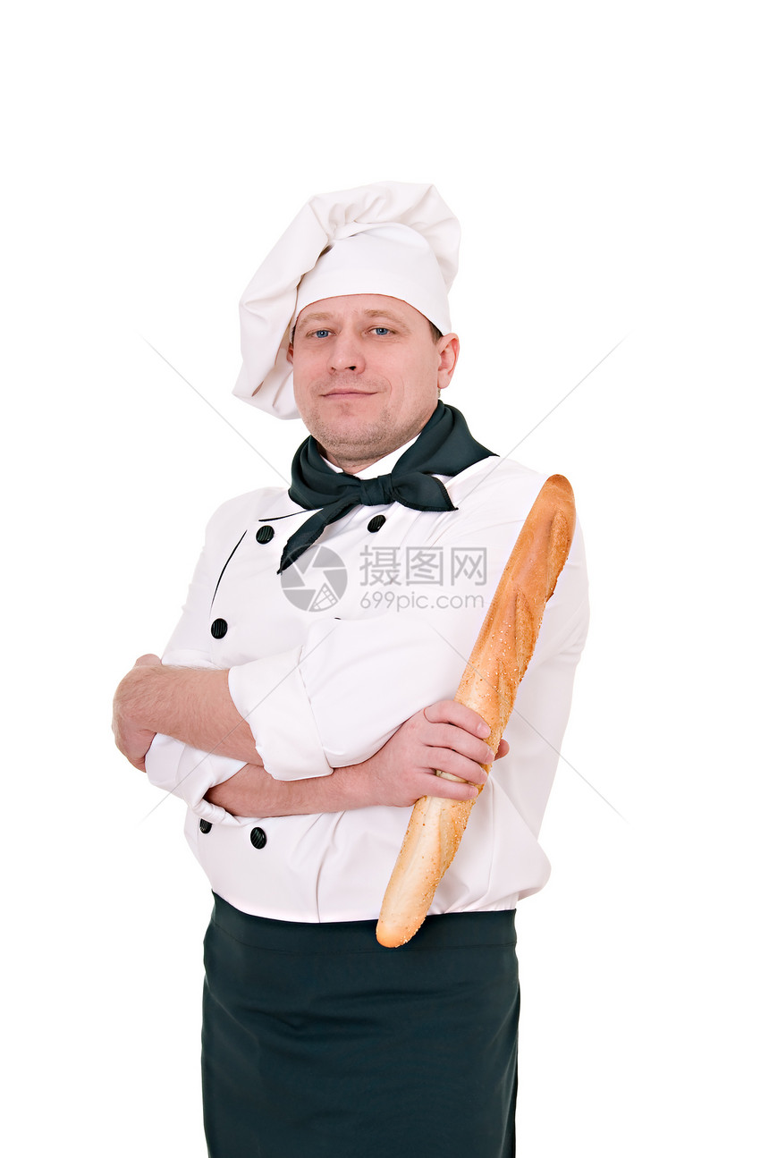 带有粗面包的 if头巾兜帽成人男性微笑工作食物快乐牙齿胡子图片