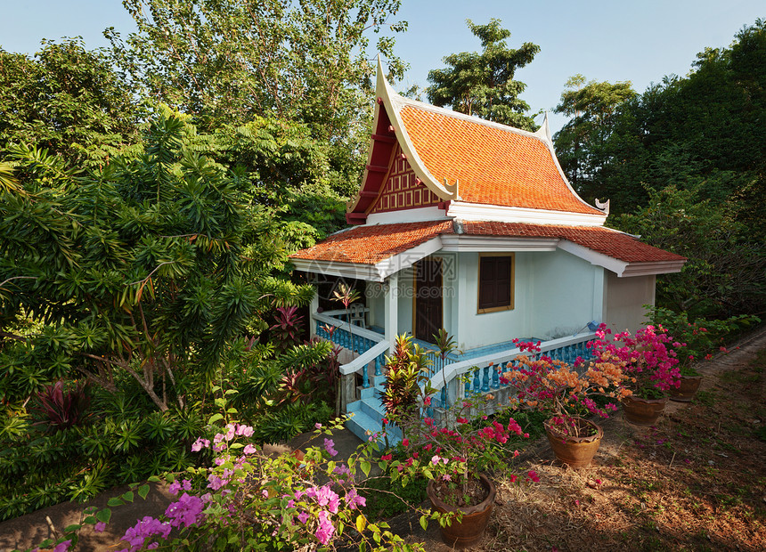 泰国小屋住宅天堂住房花朵装饰花园石头蓝色木头植物图片