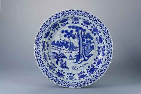 古董风格装饰制品历史陶瓷蓝色花朵商品瓷器盘子背景图片