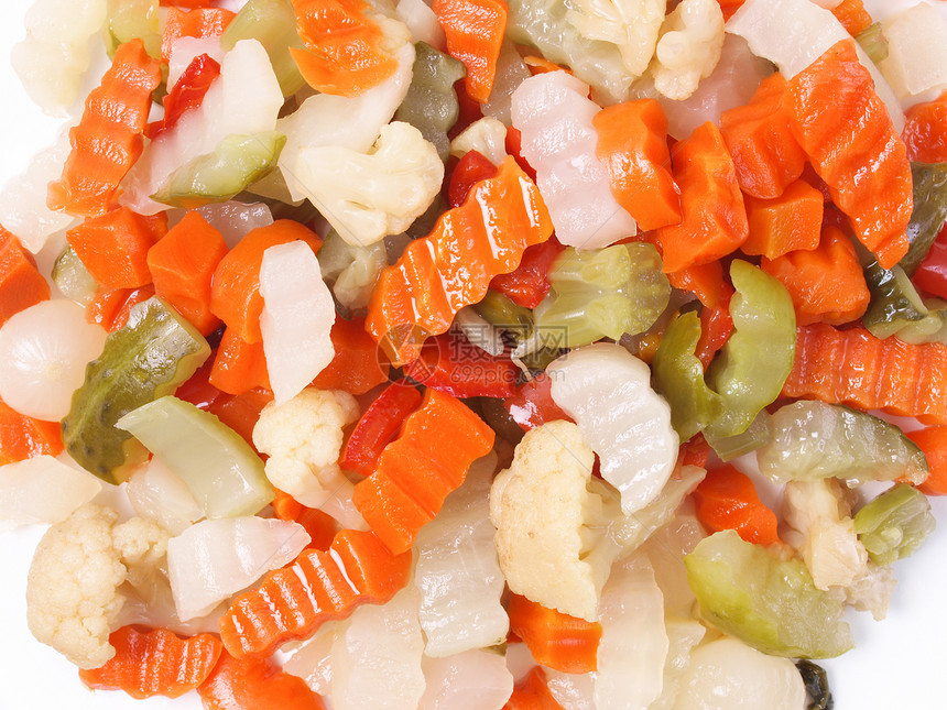 混合蔬菜白色沙拉胡椒萝卜绿色盘子橙子菜花宏观食物图片