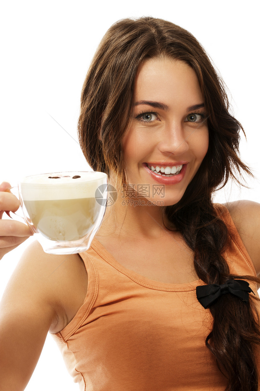 可爱的快乐女人 加一杯咖啡卡布奇诺咖啡图片