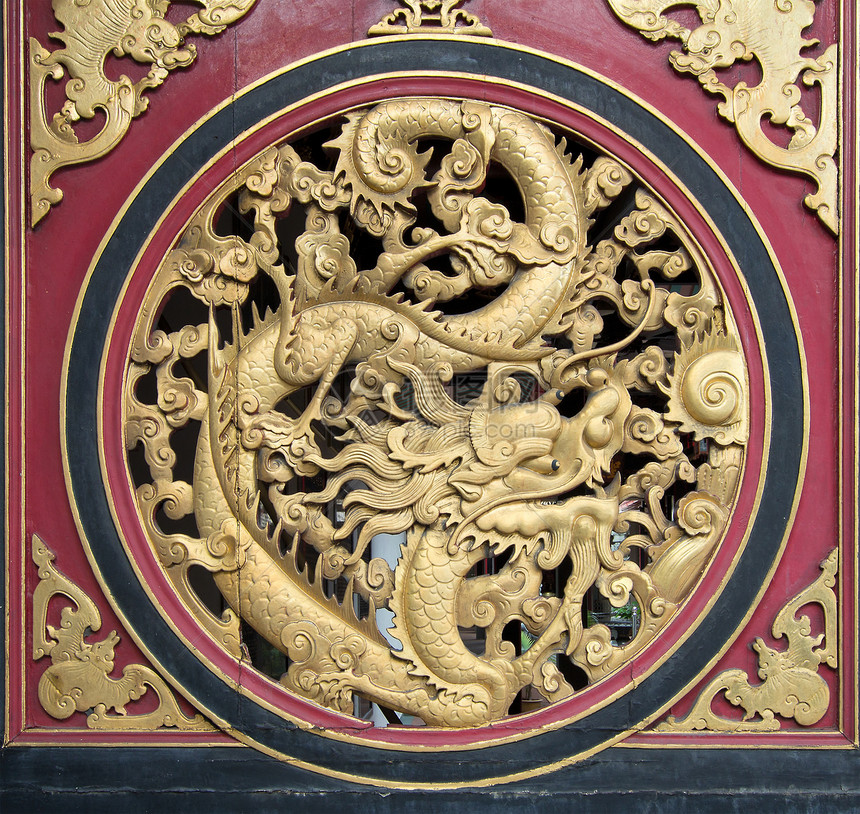 木雕中国龙寺庙财富红色金子运气蝙蝠圆圈雕刻十二生肖永恒图片