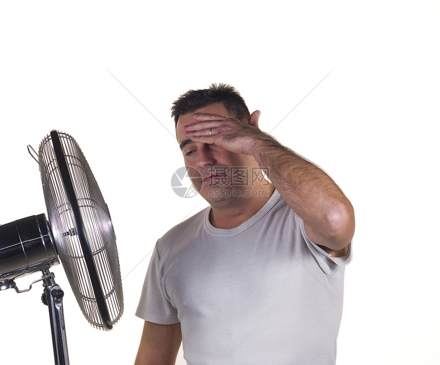热暑夏温度出汗电风扇空调水平热浪冷却男性痛苦男人图片