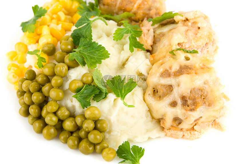 健康食品营养餐厅盘子土豆宏观食物绿色植物肉丸烹饪蔬菜图片
