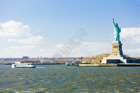 自由岛和自由女神像 美国纽约自由雕塑纪念碑外观地标雕像位置旅行世界背景图片