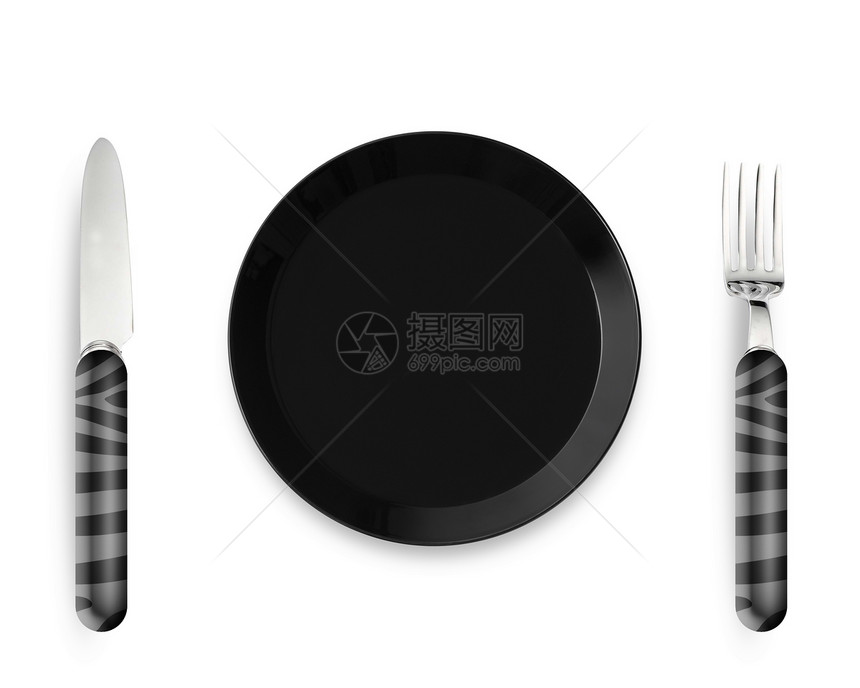 带刀叉的空板银器刀具陶瓷餐具桌子午餐厨房食物奢华用具图片