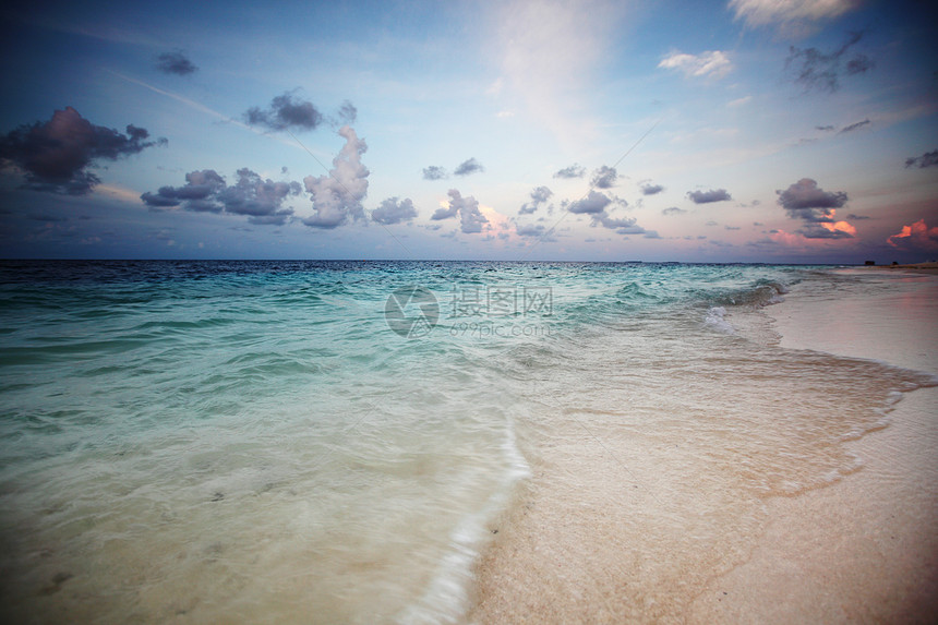 日落在海中海浪海岸线阳光金子假期海洋海滩反射地平线橙子图片