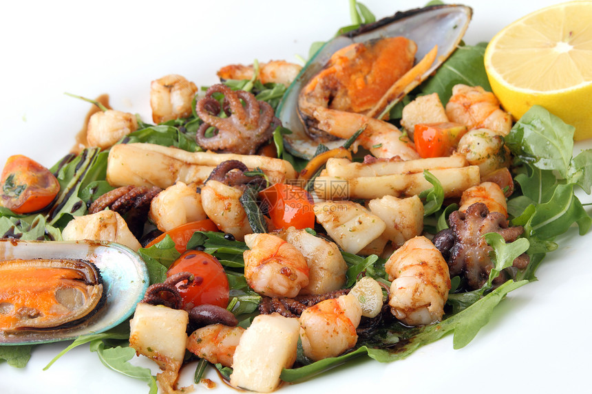 油炸海鲜食物宏观乌贼蔬菜贝类美食餐厅沙拉绿色章鱼图片