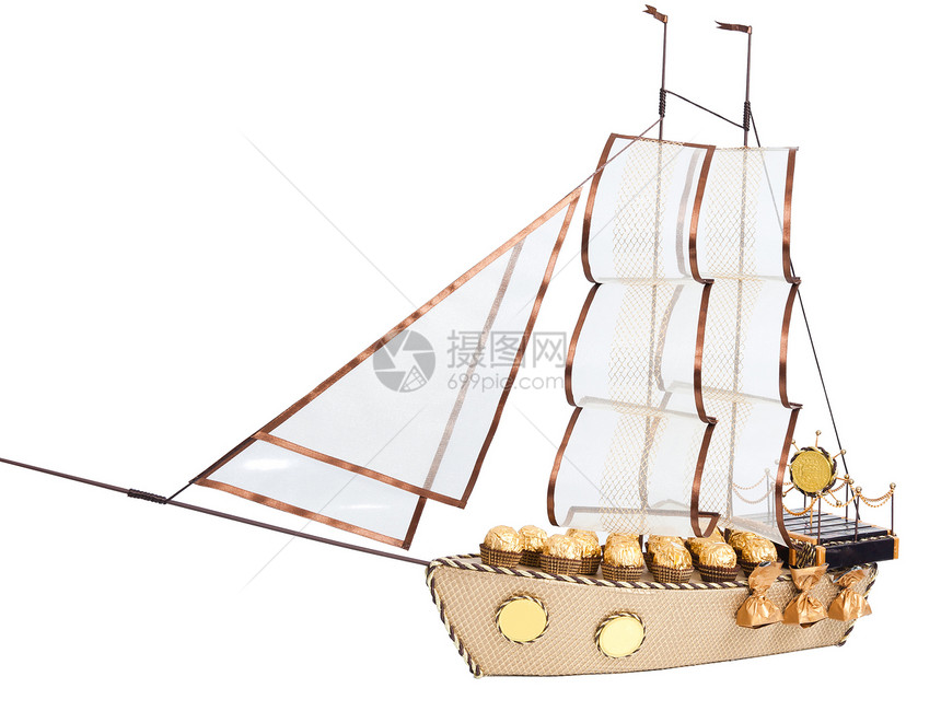装有糖果的帆船 装饰着糖果白色念日纪念品礼物航行数字乐趣血管工艺食物图片