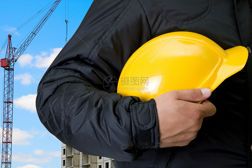 黄黄色头盔建造建筑衣服帽子塑料商业承包商安全起重机生产图片