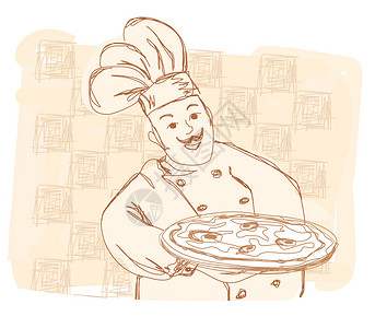 披萨图配披萨的厨师  涂面图商业午餐框架餐厅身份烹饪茶点厨房食物盘子背景