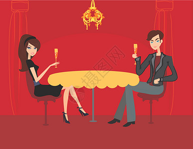香槟吐司年轻夫妇调情和喝香槟瓶子窗户念日婚姻晚餐女性男性订婚奢华插图背景