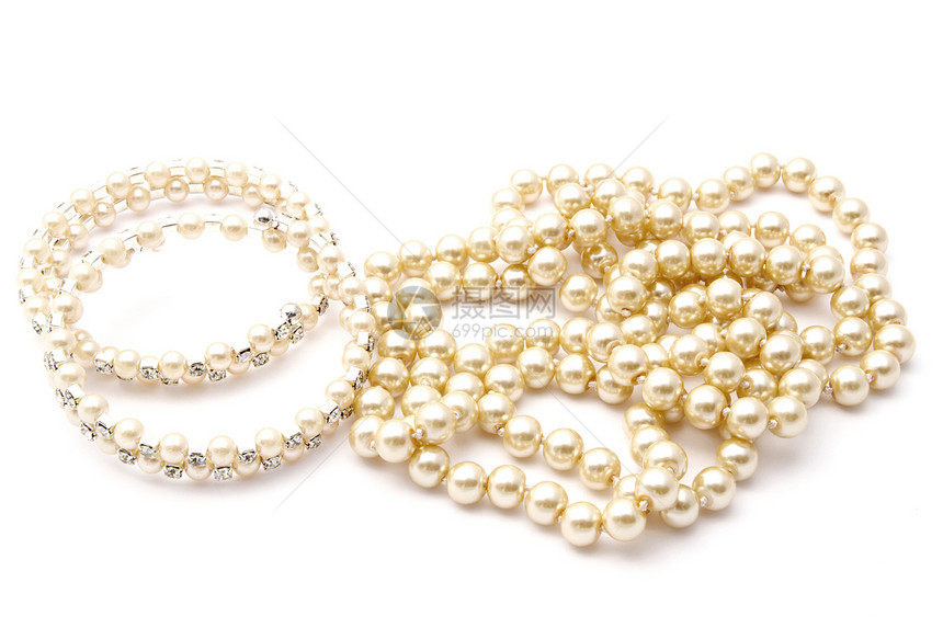 Bracelet 和Necklace白色项链手镯奢华宏观魅力女孩宝藏展示礼物图片