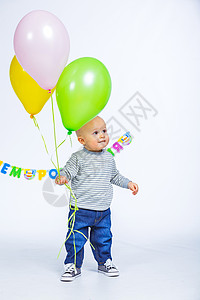 一岁生日喜悦情感生活孩子男生快乐蓝色婴儿气球工作室背景图片