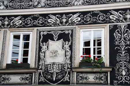 哥特窗口壁画花朵房子艺术黑色风格白色背景图片