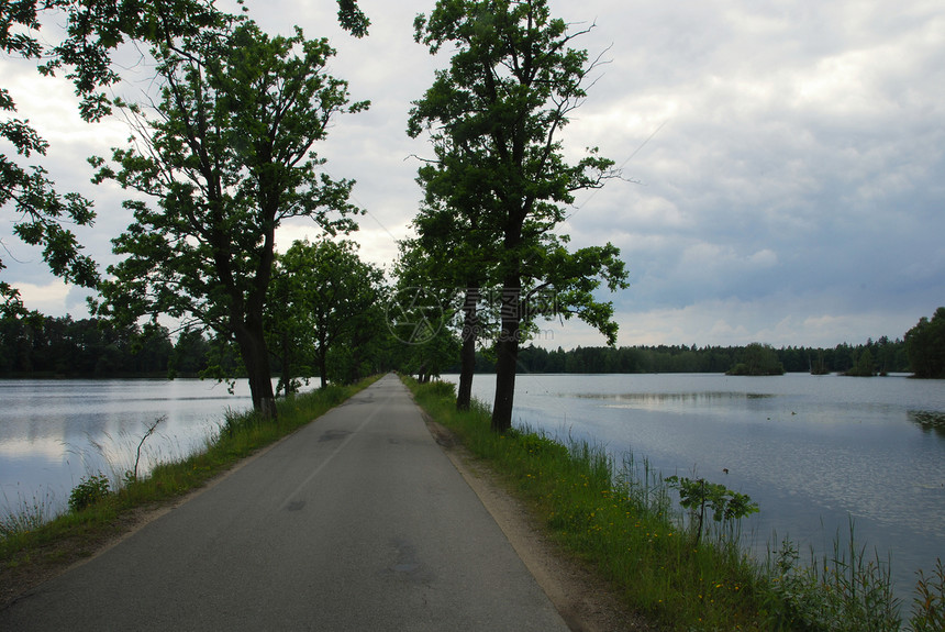 两个湖泊之间的公路池塘胡同旅行旅游基础设施边界森林天空远景多云图片