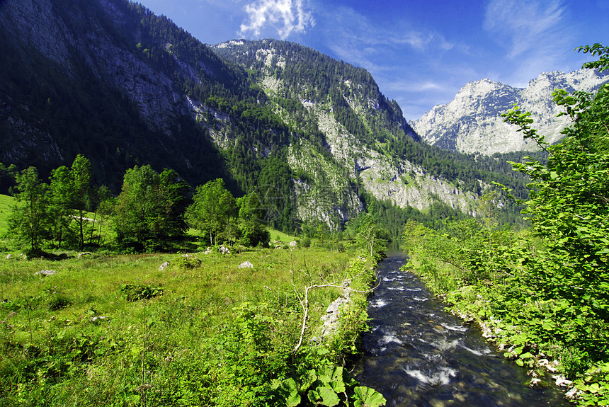 阿尔卑山溪高山公园天空森林旅行生态草地晴天岩石远足图片
