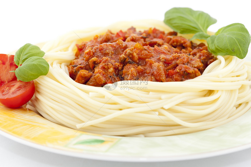 意大利面条宏观文化草本植物肉酱蔬菜酱料盘子食物美食图片