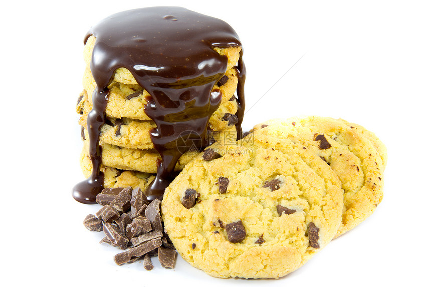 巧克力饼干和融化的巧克力垃圾团体小吃面包传统烘烤诱惑工作室甜点糕点图片