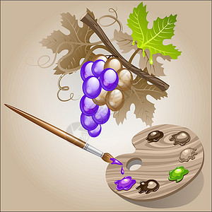 紫色的葡萄葡萄的颜色画笔树叶工作棕褐色艺术家工作室水果工具画家食物设计图片