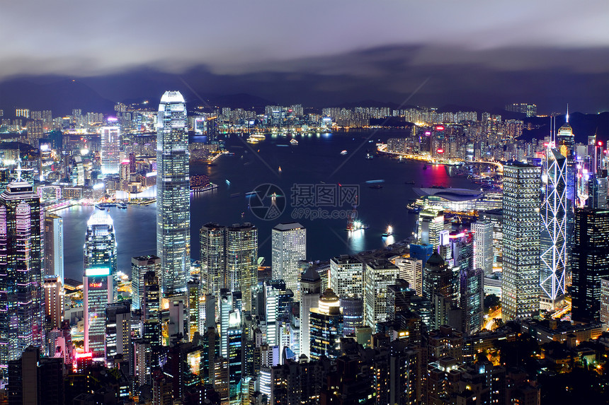 香港晚上的天线旅行天空薄雾港口办公室建筑物地标景观反射顶峰图片