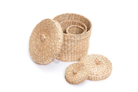 一套螺旋篮子野餐棕色柳条工艺盒子编织白色项目材料圆圈背景图片