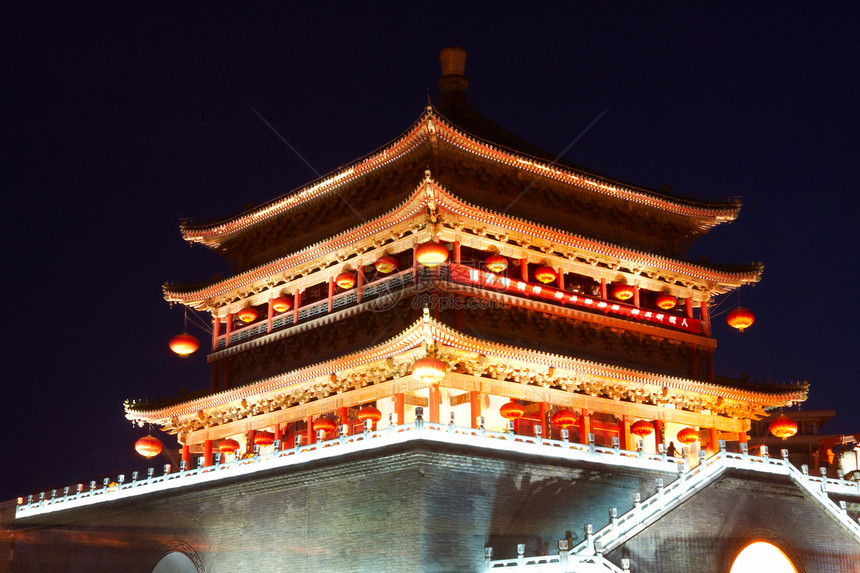 夜里鼓塔 中国习安纪念碑游客寺庙建筑月光帝国灯笼历史文化宝塔图片