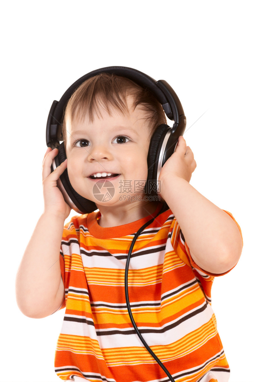 带着耳机微笑的婴儿收音机后代男生孩子快乐幸福音乐白色喜悦闲暇图片