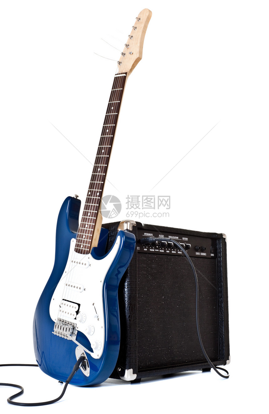 电动吉他和扩音器乐器音乐会字符串白色成套细绳蓝色娱乐岩石照片图片