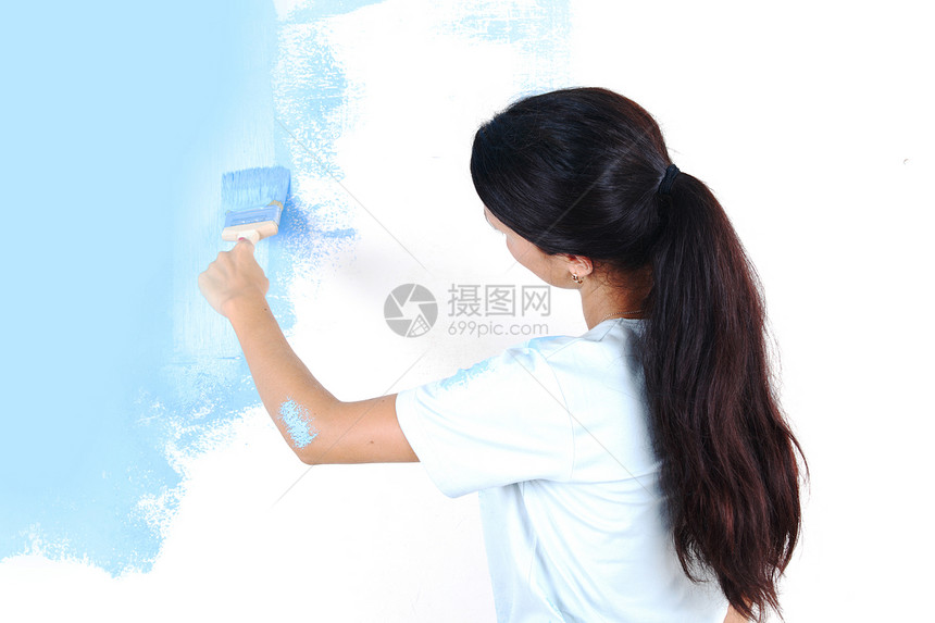 妇女在墙上涂油漆工具男人女士生活快乐别针房子屏幕项目画家图片