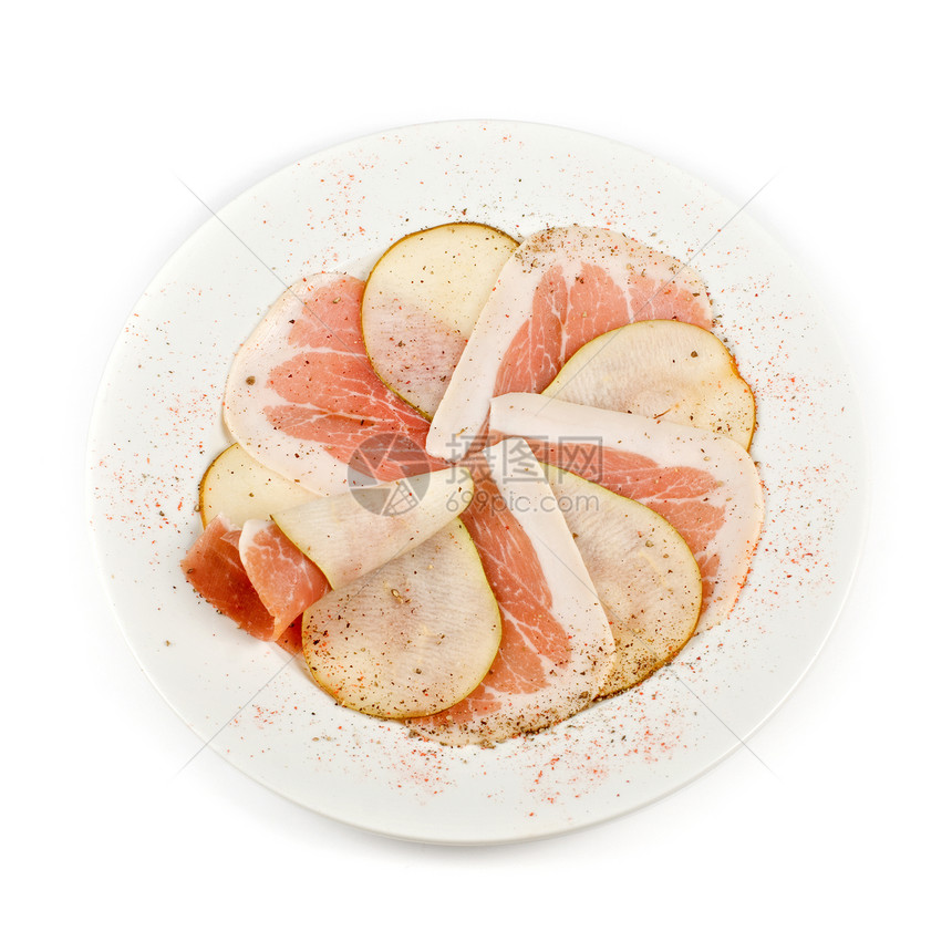 有梨的培根诱惑享受营养白色水果火腿托盘粉色熏制野餐图片