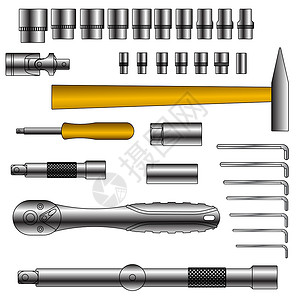 组套工具不同工具的矢量组盒子技术合金扳手刀刃力量锤子螺丝刀乐器插图插画