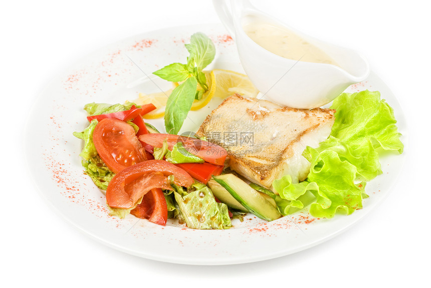 Pikk perch油炸餐厅用餐营养厨房香菜沙拉盘子胡椒午餐图片